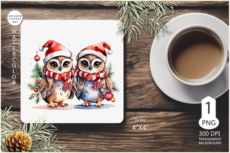 Mug Coaster with Christmas owls|Christmas owls png clipart