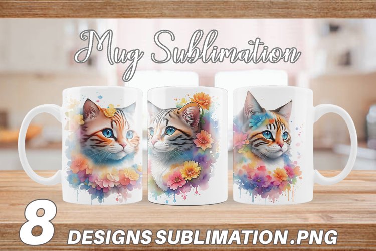 Wartercolor Cat and Flower | Mug sublimation design example image 1