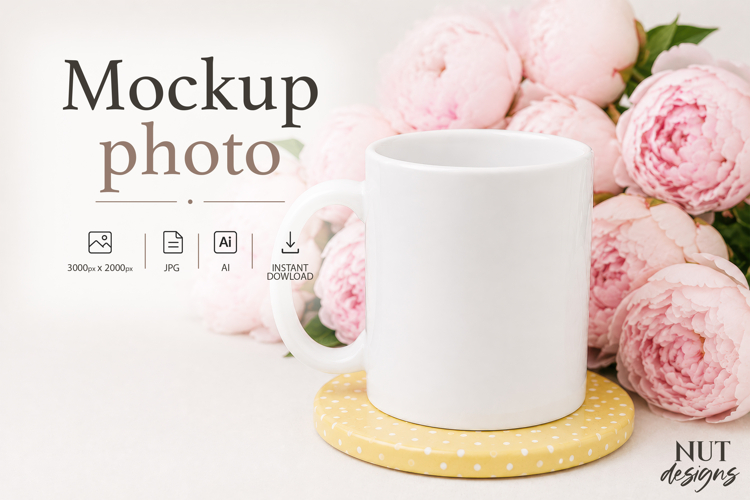 Blank mug Mockup White cup mockup Pink Peony background