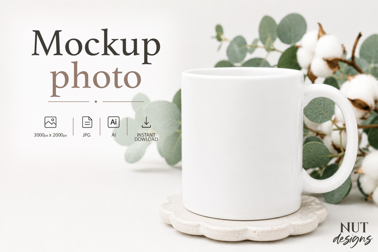 Blank mug Mockup White cup mockup Cotton Stem background