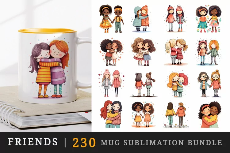 Cute friends mug, coffee cup wrap sublimation designs bundle