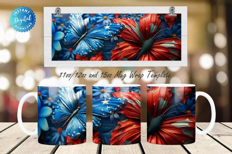 3D Patriotic Butterfly And Flowers 11, 12 & 15 Oz Mug