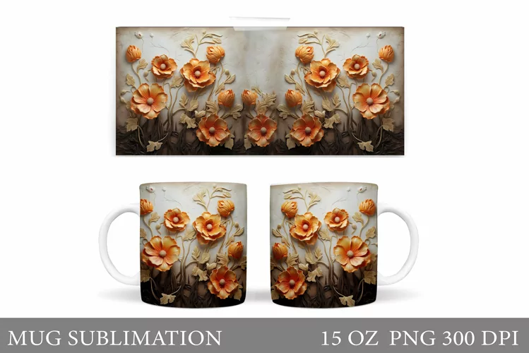 Flowers Plaster Mug Wrap. 3D Flowers Mug Wrap Design