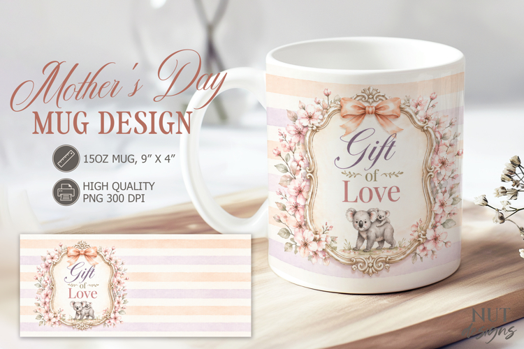 Mothers Day Mug wrap Koala and baby Floral Mug 15 oz