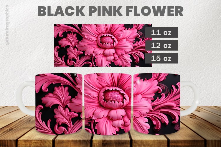 Black Pink Flower Mug Wrap Sublimation |11oz, 12oz & 15oz