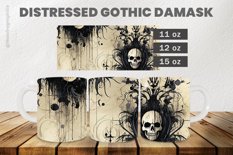 Distressed Gothic Damask Mug Wrap Sublimation |11oz, 12oz &
