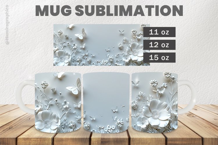 White Flowers Mug Wrap Sublimation |11oz, 12oz & 15oz