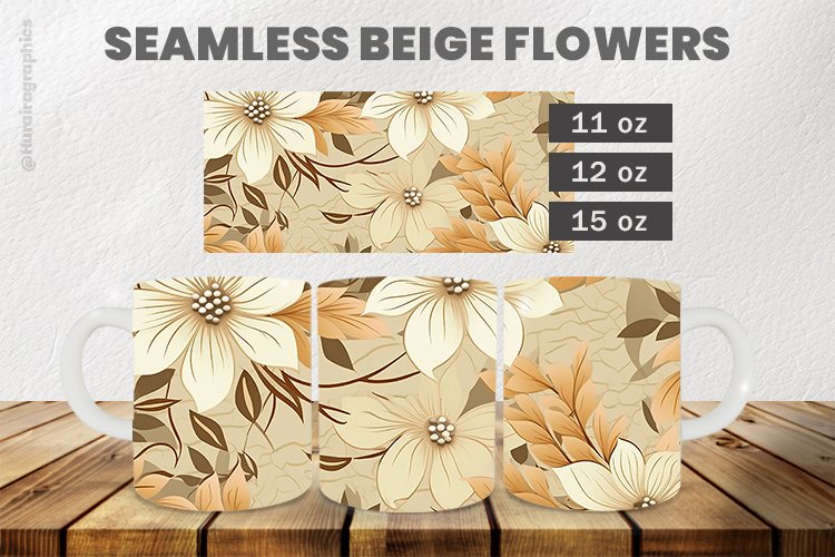 Seamless beige flowers Mug Wrap Sublimation |11oz, 12oz & 15