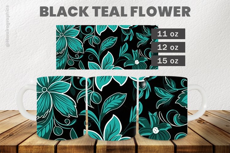 Black Teal Flower Mug Wrap Sublimation |11oz, 12oz & 15oz