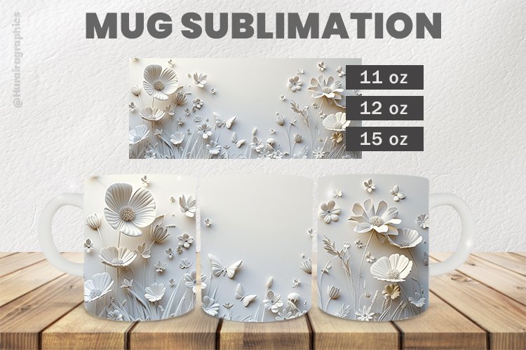 White Flowers Mug Wrap Sublimation |11oz, 12oz & 15oz