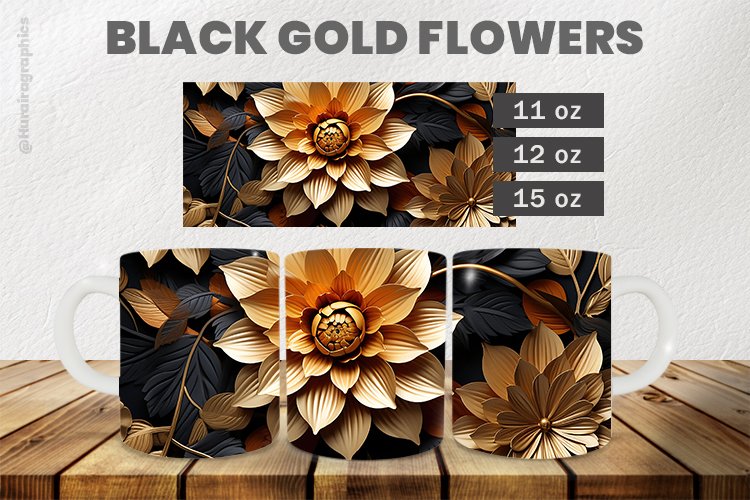 Black Gold Flowers Mug Wrap Sublimation |11oz, 12oz & 15oz