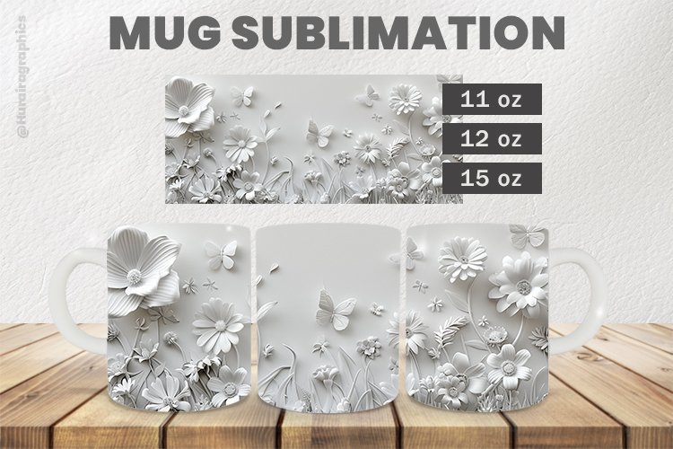 White Flowers Mug Wrap Sublimation |11oz, 12oz & 15oz