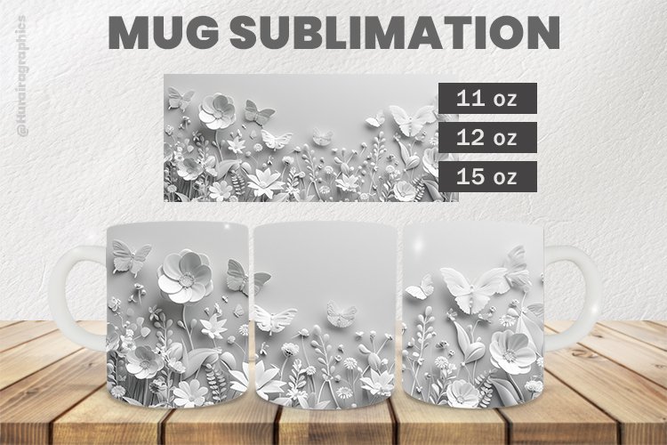 White Flowers Mug Wrap Sublimation |11oz, 12oz & 15oz