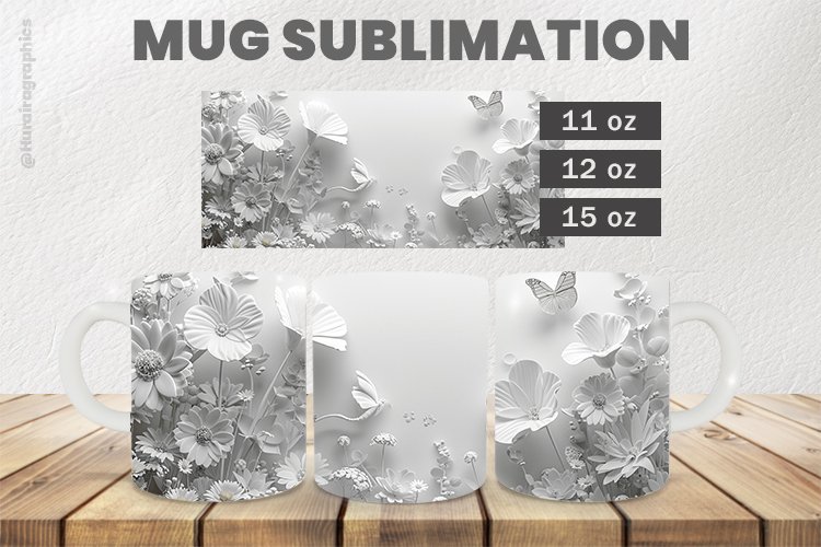 White Flowers Mug Wrap Sublimation |11oz, 12oz & 15oz