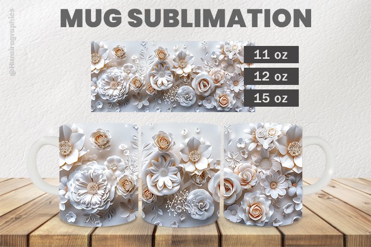 White Flowers Mug Wrap Sublimation |11oz, 12oz & 15oz