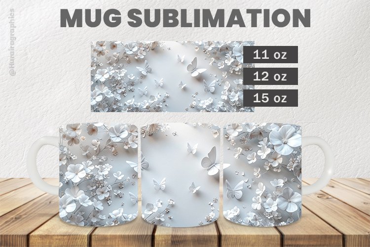 White Flowers Mug Wrap Sublimation |11oz, 12oz & 15oz