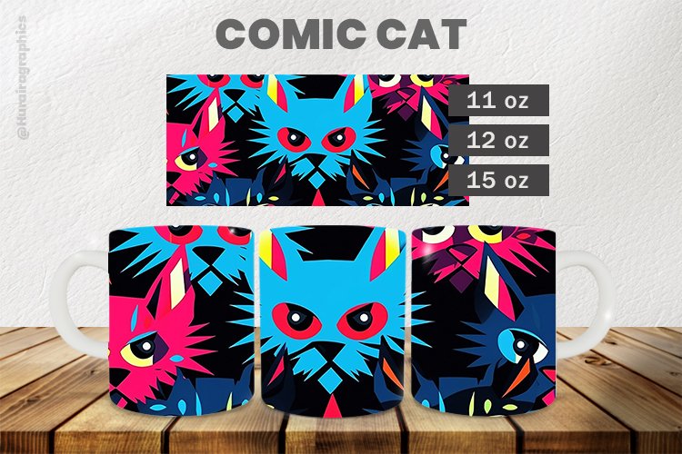 Comic Cat Mug Wrap Sublimation |11oz, 12oz & 15oz