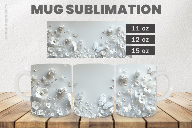 White Flowers Mug Wrap Sublimation |11oz, 12oz & 15oz