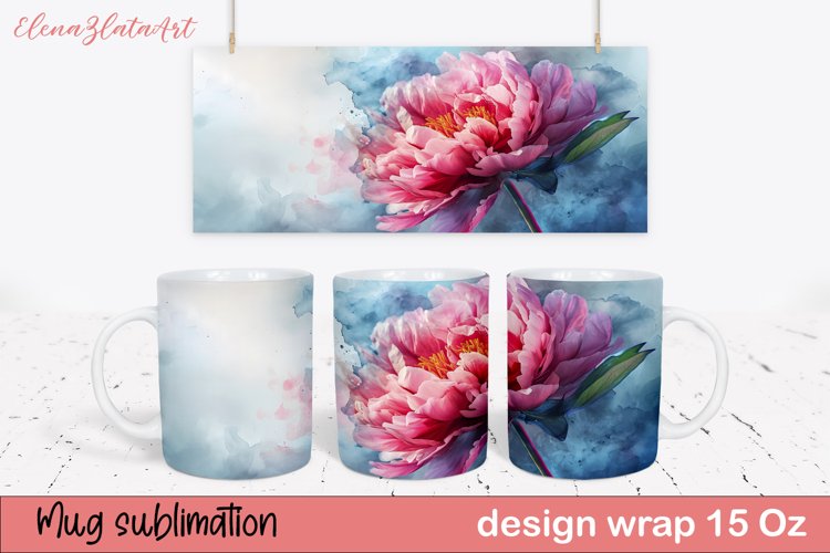 Watercolor Pink Peony Mug Sublimation, Floral Design Mug example image 1