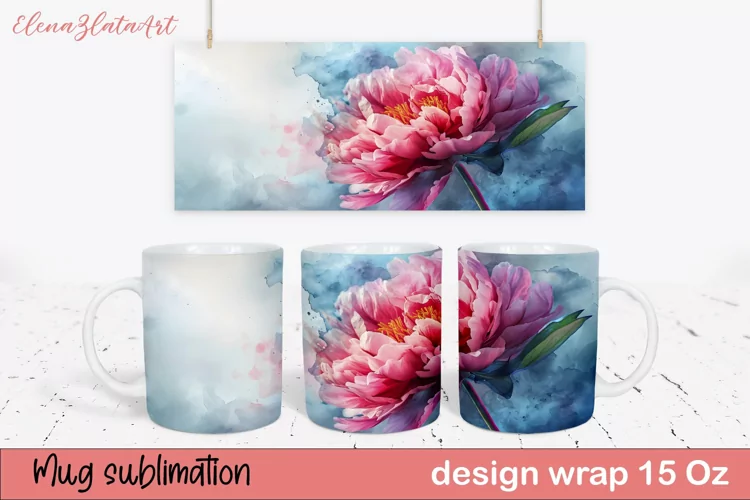 Watercolor Pink Peony Mug Sublimation, Floral Design Mug