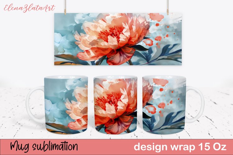 Watercolor Pink Peony Mug Sublimation, Floral Design Mug example image 1