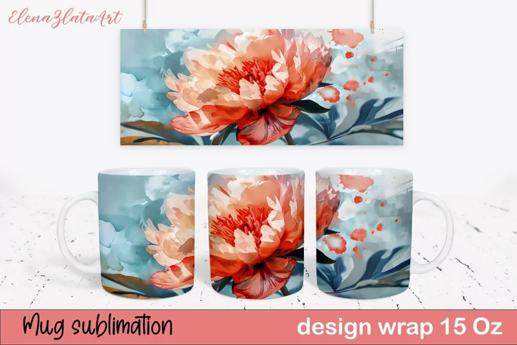 Watercolor Pink Peony Mug Sublimation, Floral Design Mug