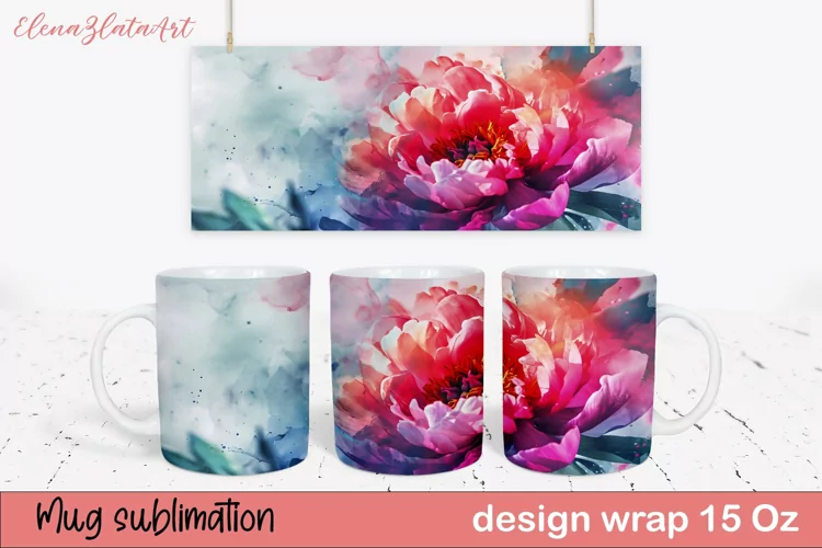 Watercolor Pink Peony Mug Sublimation, Floral Design Mug