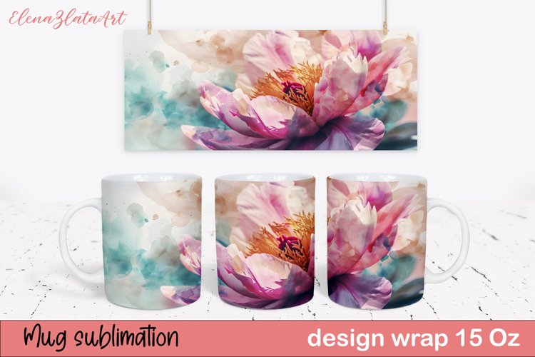Watercolor Pink Peony Mug Sublimation, Floral Design Mug example image 1