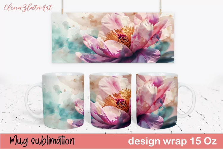 Watercolor Pink Peony Mug Sublimation, Floral Design Mug