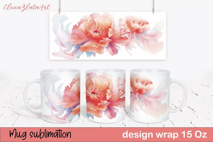 Watercolor Pink Peony Mug Sublimation, Floral Design Mug