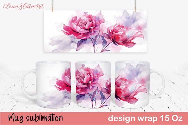 Watercolor Pink Peony Mug Sublimation, Floral Design Mug example image 1