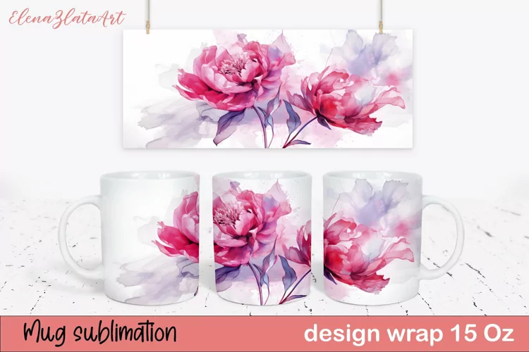 Watercolor Pink Peony Mug Sublimation, Floral Design Mug