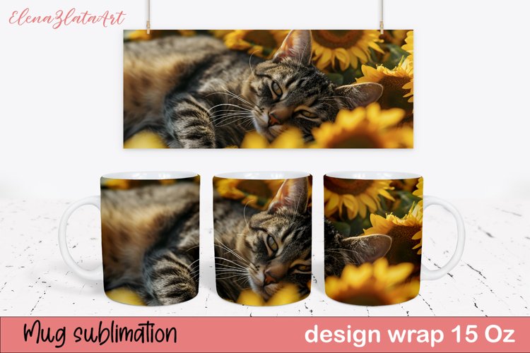 Kitten With Sunflower Sublimation mug. Mug wrap sublimation