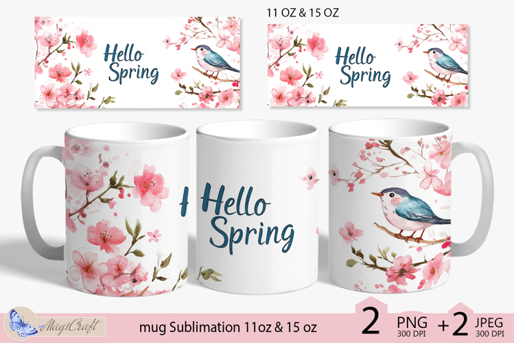 Hello Spring mug Sublimation| mug wrap 11 15oz| birds mug