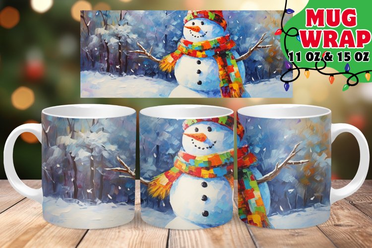 Snowman Mug Wrap PNG, Christmas Sublimation, Watercolor PNG