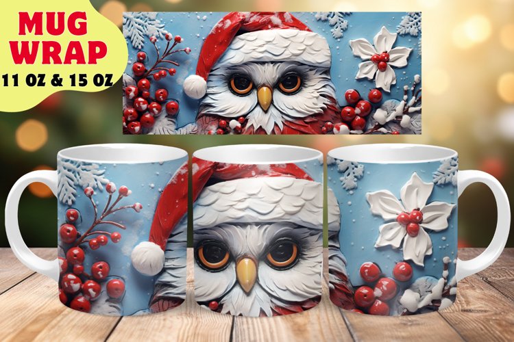 3D Christmas Owl Mug Wrap Sublimation Design, Flower Mug PNG