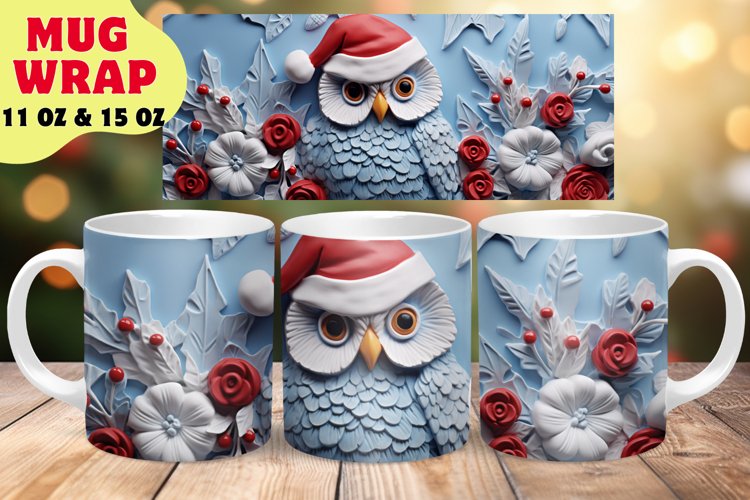 3D Christmas Owl Mug Wrap Sublimation Design, Santa Mug PNG