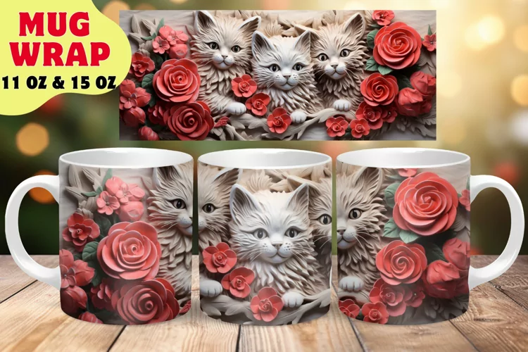 3D Christmas Cats Mug Wrap Sublimation Design, Flower Mug