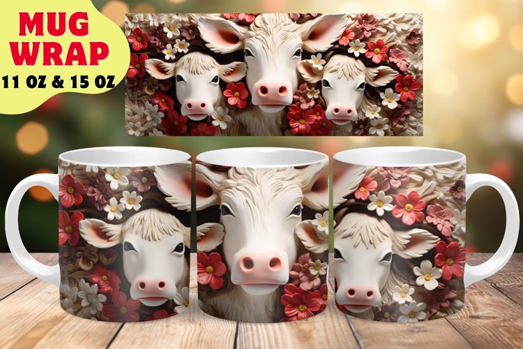 3D Christmas Cows Mug Wrap Sublimation Design, Flower Mug