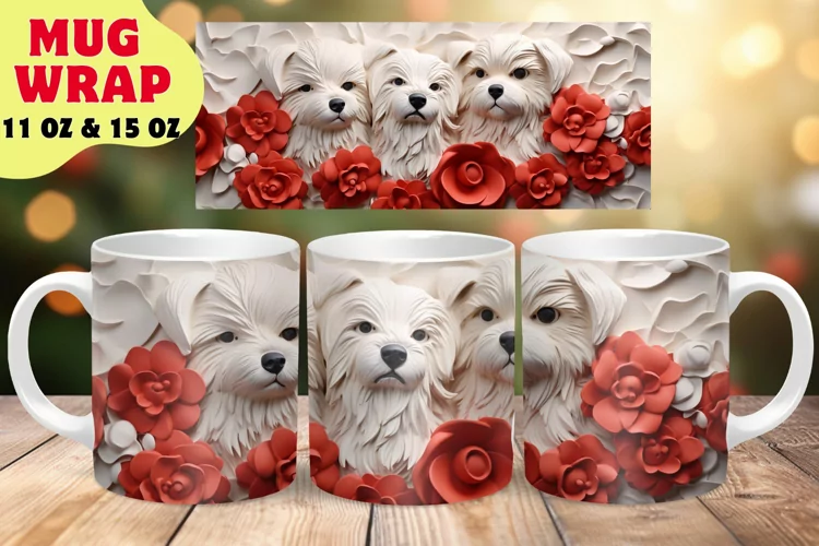 3D Christmas Dogs Mug Wrap Sublimation Design, Flower Mug