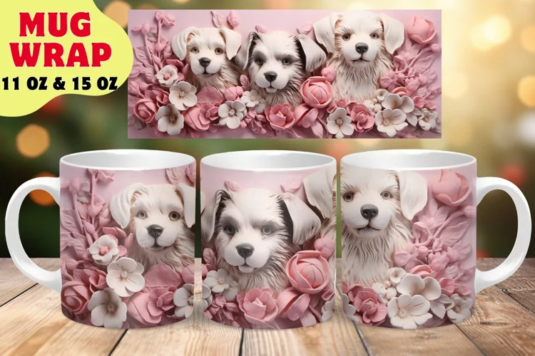 3D Dogs Mug Wrap Sublimation Design, Pink Flower Mug Wrap