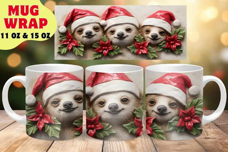 3D Christmas Sloth Mug Wrap Sublimation Design, Santa Mug