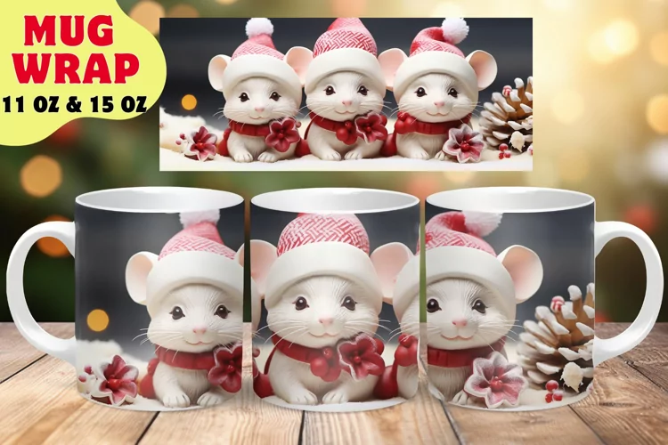 3D Christmas Mouse Mug Wrap Sublimation Design, Santa Mug