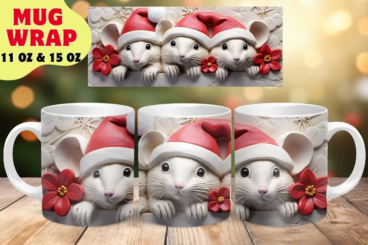 3D Christmas Mouse Mug Wrap Sublimation Design, Winter Mug