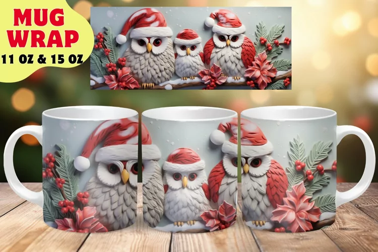 3D Christmas Owl Mug Wrap Sublimation Design, Xmas Mug Wrap