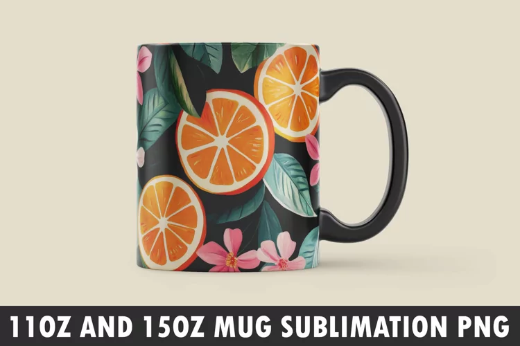 Orange with Leaves and Flowers Mug Wrap Sublimation Design