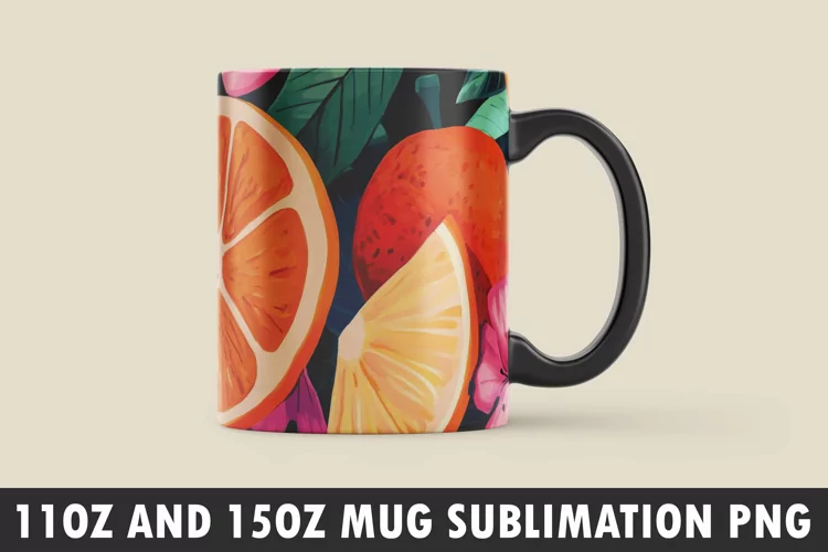 Orange with Leaves and Flowers Mug Wrap Sublimation Design