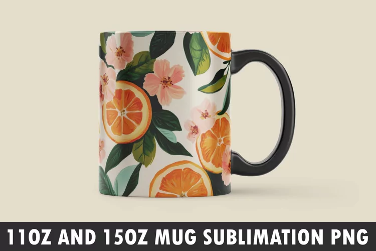 Orange with Leaves and Flowers Mug Wrap Sublimation Design