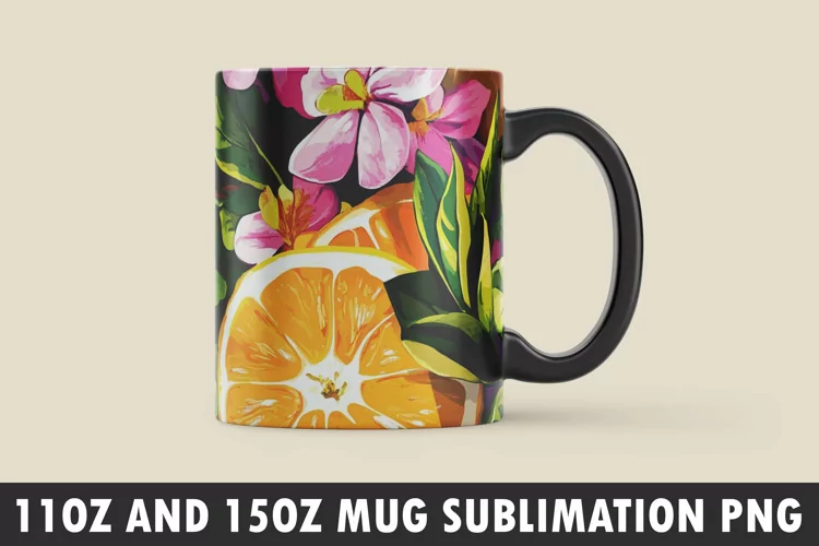 Orange with Leaves and Flowers Mug Wrap Sublimation Design