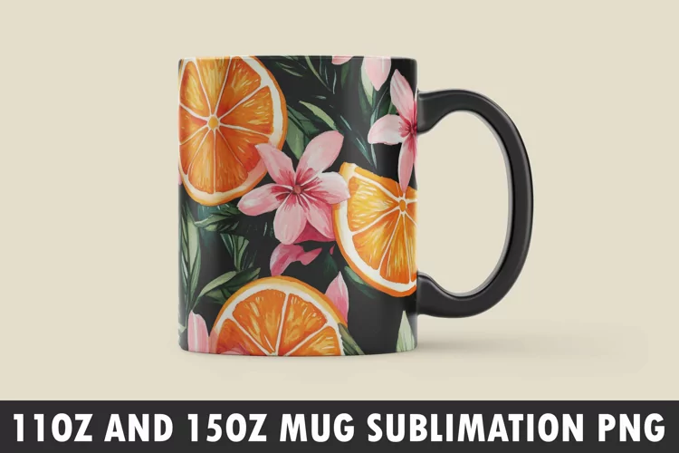 Orange with Leaves and Flowers Mug Wrap Sublimation Design